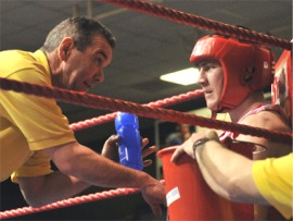 Willie McLaughlin takes advice from his coach Stephen Friel.